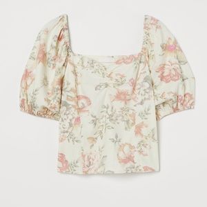 H&M Floral Linen Short Puff Sleeves Top